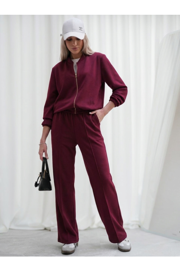 Luksusowy Komplet Damski Masełko Bluza Rozpinana + Spodnie Wide Leg Premium Soft Touch Elegancja & Komfort - bordowy